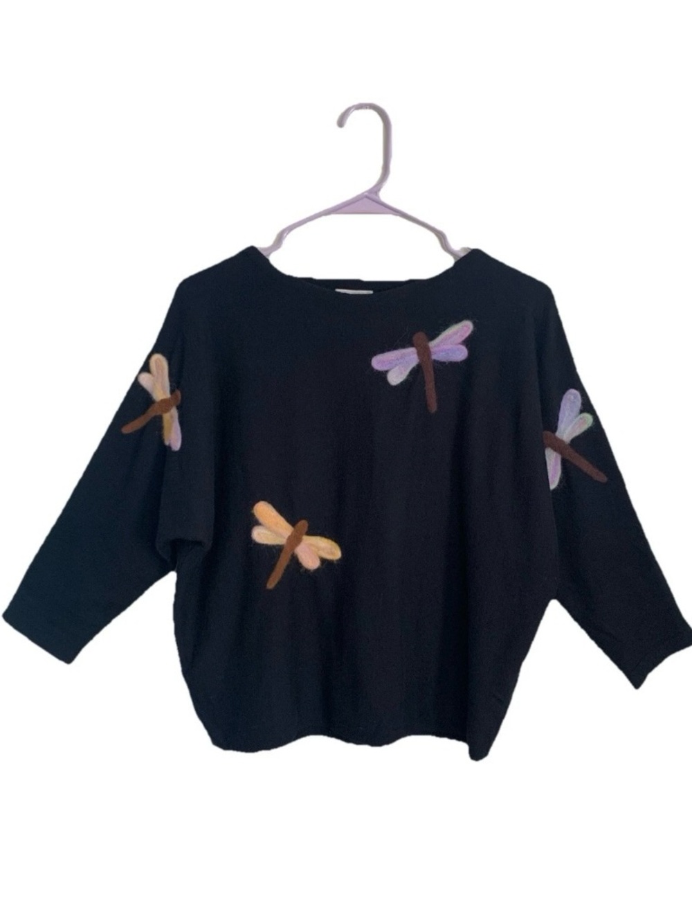 Sioni Embroidered Dragonfly Sweater 3/4 Dolman Sleeves Women’s Sz M Whimsical